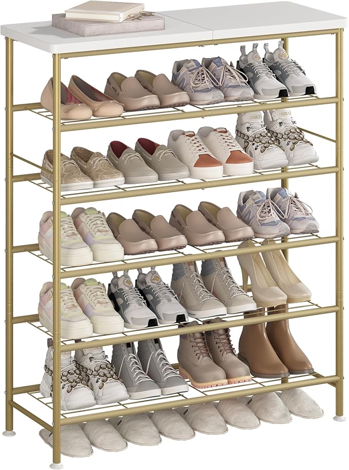 SUOERNUO Shoe Rack Organizer 6 Tier for Closet Entryway Free Standing Metal Storage Shoe Shelf with MDF Top Board，Gold by SUOERNUO