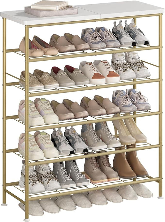 SUOERNUO Shoe Rack Organizer 6 Tier for Closet Entryway Free Standing Metal Storage Shoe Shelf with MDF Top Board，Gold by SUOERNUO