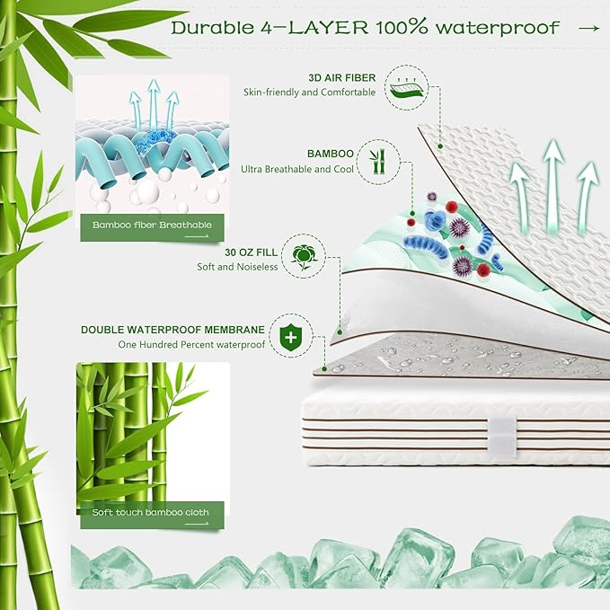 GRT Twin XL Size Waterproof Mattress Protector Rayon Bamboo - 3D Air Fiber Cooling Mattress Protector Cover, Breathable Mattress Pad Noiseless 8''-21'' Deep Pocket Machine Washable