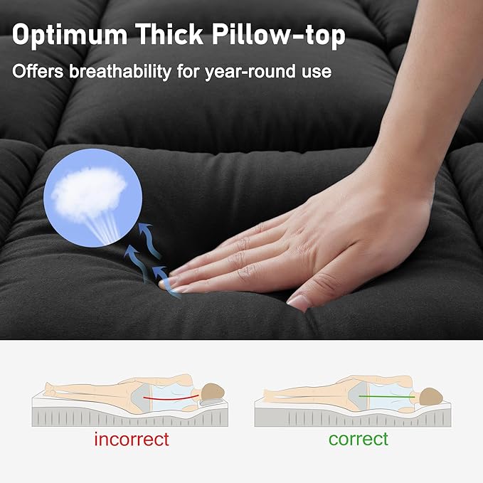 California King Mattress Topper Extra Thick Pillowtop Cooling Mattress Topper Plush Mattress Pad Cover Protector with 8-21 Inch Deep Pocket Black