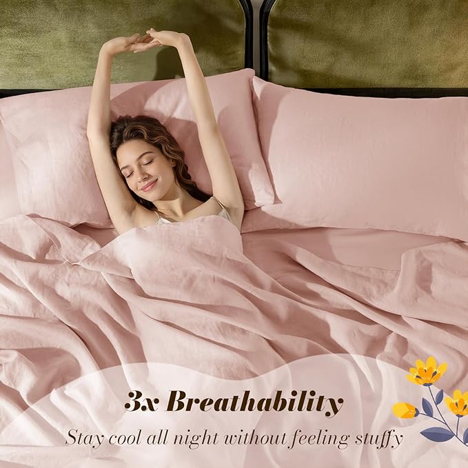 SONORO KATE 100% French Pure Linen Sheets, Breathable and Durable Linen King Size Sheets, Anti-Tear Linen Bed Sheets, Machine Washable, 16 Inch Deep Pocket - 4 Piece (Pink, King)