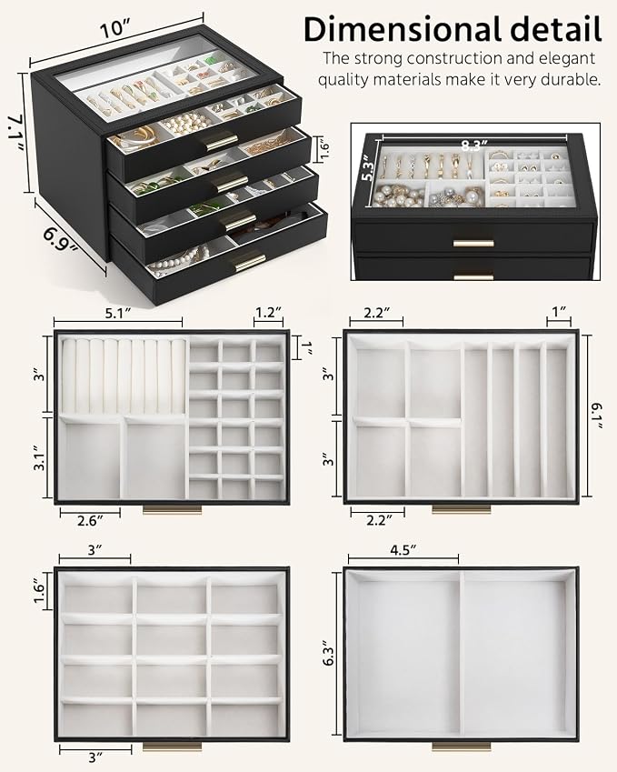 AKOZLIN Jewelry Box with Clear Lid Functional Leather Jewelry Storage Organizer Case 4 Drawers for Women Girls Necklace Ring Bracelet Earring - Image 4