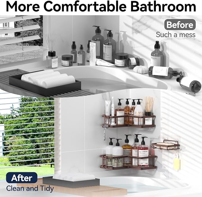 YASONIC Shower Caddy Corner, 3-Pack Adhesive Rustproof Stainless Steel Shower Shelves with Soap Holder, No Drilling Shower Organizer Corner for Dorm, Renters Bathroom, Bronze - Image 8
