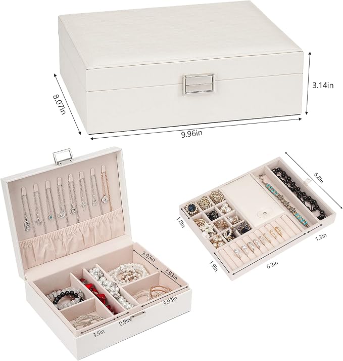 Jewelry Organizer Box for Girls Women - Double Layer Large Travel Jewelry Case with Gift Box/White - Image 2