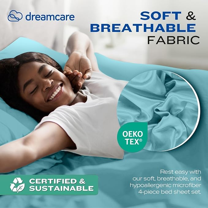 DREAMCARE Twin XL Sheet Sets - 4 pcs Breathable Cooling Bed Sheets - up to 15" Deep Pocket Twin XL Sheets Set with Side Pockets - Extra Soft 100% Brushed Hypoallergenic Hotel Luxury Bedding - Spa Blue