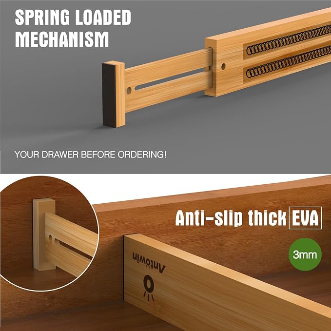 ANTOWIN Bamboo Drawer Dividers Organizers, Drawer Separators Splitter,17-22 inches Long Adjustable Spring-loaded Organizer for Large Utensil, Clothes, Tools Drawers(yellow) - Image 2