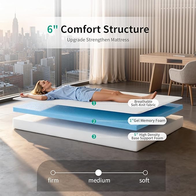 FDW 6 Inch Twin Mattress, Medium Firm Gel Memory Foam, Cooling Ventilated Foam, Pressure Relief, White, Removable Washable Cover, Bed in a Box, CertiPUR‑US Certified
