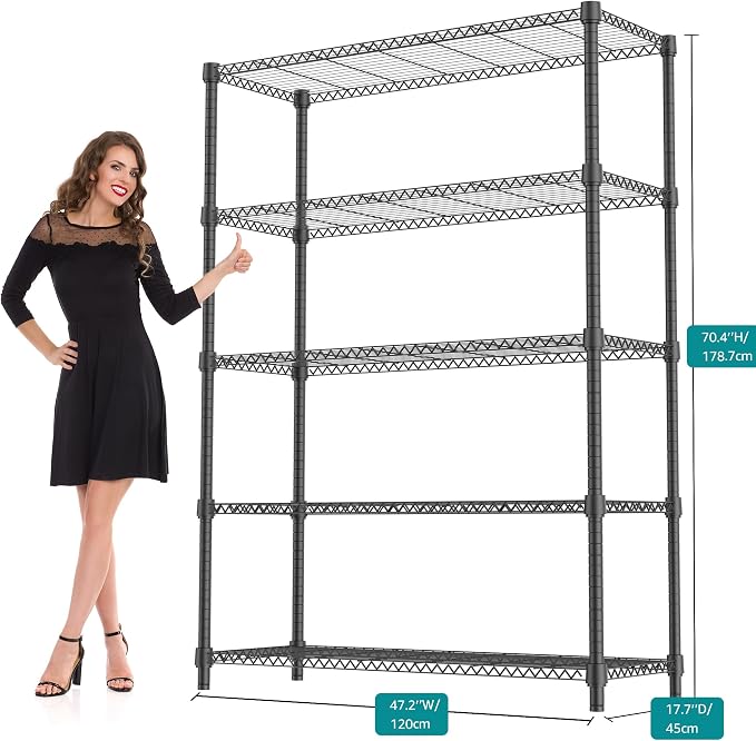 M MZG 1750LBS 47.2" W 5 Tiers Shelf Steel Storage Shelves Shelving Unit Steel Organizer Wire Rack for Home,Kitchen,Office,Garage Black 17.7" D x 47.2" W x 72.4" H - Image 3