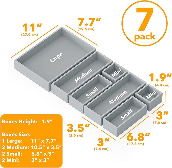 SpaceAid 7-Piece Bamboo Drawer Organizer Storage Boxes Set, Wood Tray Junk Drawer Organizers Multi-Use Divider Bins for Kitchen, Bathroom, Office Desk and Makeup Organization (7 Pack, Gray) - Image 3