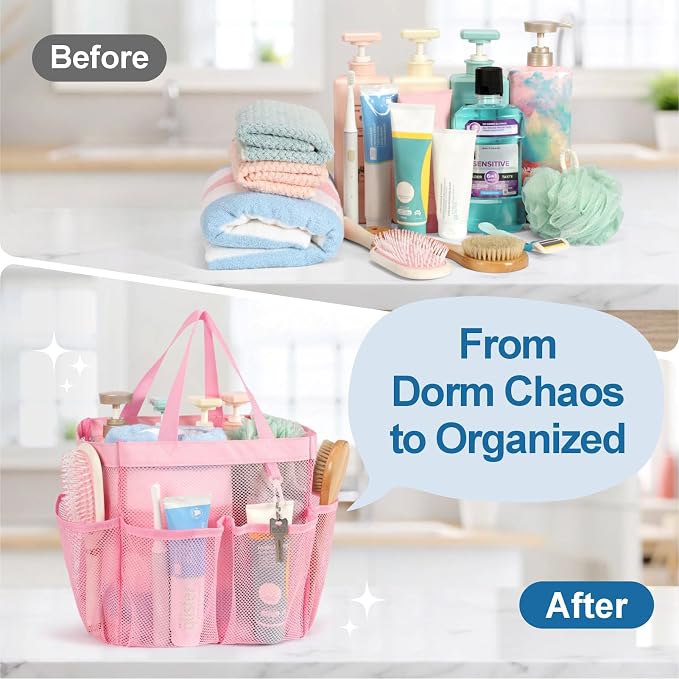 F-color Mesh Shower Caddy Portable, Upgrade Deeper 7 Pockets Shower Bag Basket Tote for College Dorm Room Toiletry Bathroom Essentials Gym Camp Quick Dry 2 handles with S Hook, Pink - Image 2