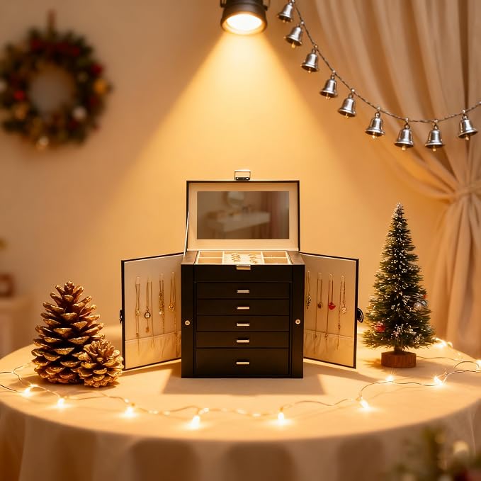 BOOVO Jewelry Box For women, 6 Layer Large Jewelry Organizer With Mirror, Multi-Function Storage Box With Lock, Necklace Holder With 5 Drawers, For Earrings Necklace Bracelet (Silver and Black) - Image 6