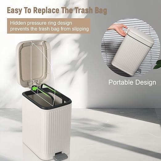 rejomiik Small Bathroom Trash Can with Lid Slim Soft Close Garbage Can Step Wastebasket Container Trash Bin for Office Bedroom Kitchen Living Room (2.6 Gallon Cream) - Image 5