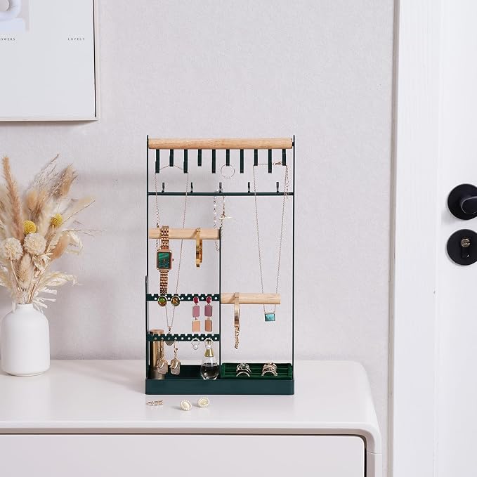 ProCase Jewelry Stand Holder Organizer, 5-Tier Necklace Holder with Ring Tray, 15 Hooks Necklaces Hanging Small Jewelry Display Storage Tower Tree for Bracelets Earrings Watches -Large, Green - Image 6