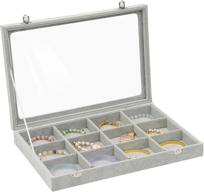 KOOAAICCHI Jewelry Organizer Bracelet Organizer Storage Box 12 Grid Stackable Jewelry Tray with Lid Velvet Jewelry Box Case Organizer for Home Drawer Desk or Store Selling Show(Velvet Grey) by KOOAAICCHI