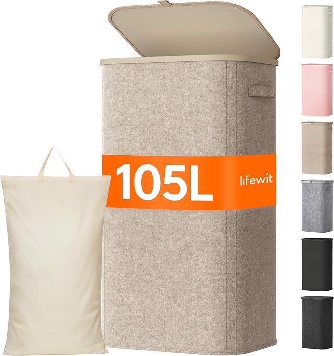 Lifewit 105L Large Laundry Basket with Lid, Laundry Hamper with Plastic Handles and Removable Bag, Foldable Tall Dirty Clothes Hampers for Laundry for Laundry Room, Bedroom, Bathroom, Dorm, Beige by Lifewit
