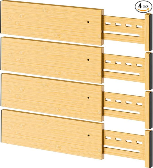 Bamboo Drawer Dividers 4" High, 12.8-18" Adjustable Drawer Organizers for Clothes,Expandable Dresser Separators in Bedroom/Kitchen/Bathroom/Office Organization and Storage,4 Pack by Ryqtop