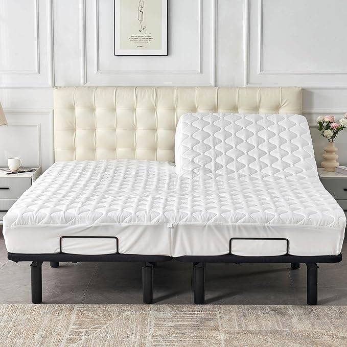 Kingnex Quilted Waterproof Split Top Queen Mattress Protector for Adjustable Bed 32-34 Split from Top Padded Fitted Matress Cover
