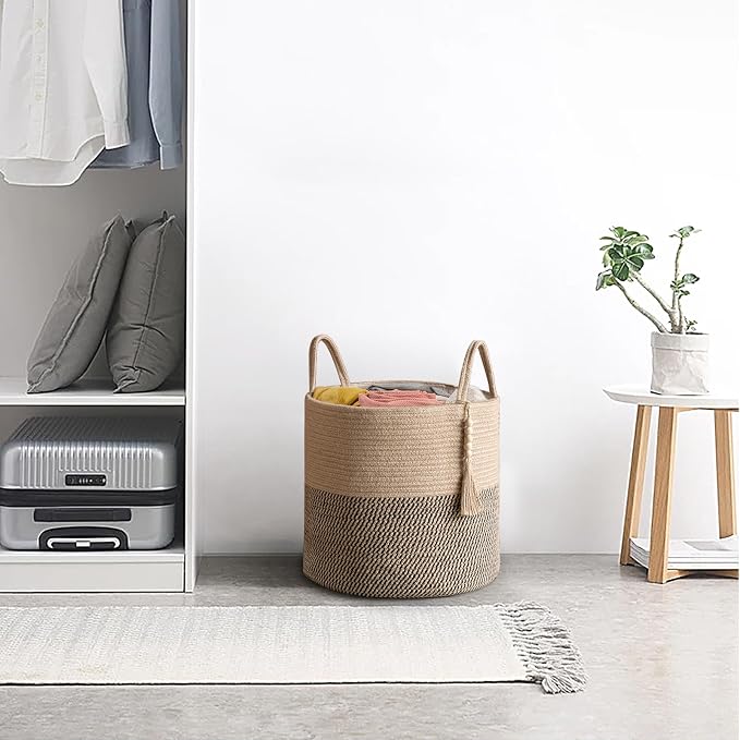 Mkono Woven Storage Basket Decorative Rope Basket Wooden Bead Decoration for Blankets,Toys,Clothes,Shoes,Plant Organizer Bin with Handles Living Room Home Decor, Yellow and Black, 16" W × 13.8" - Image 4