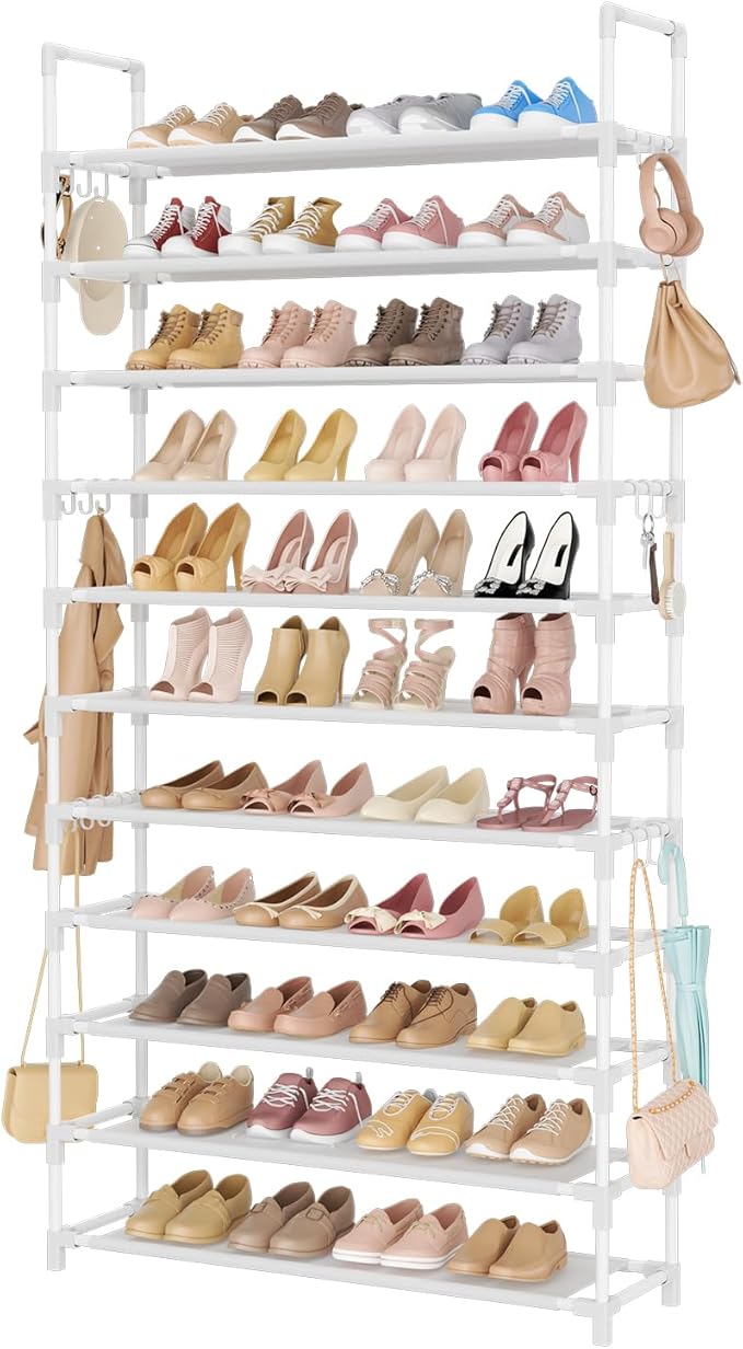 LANTEFUL 11 Tiers Tall Shoe Rack Holds 55 Pairs of Shoes with 18pcs Hooks Sturdy Wide Shoe Organizer Storage Free Standing Metal Shoe Shelf for Closet, Entryway White by LANTEFULforTidyingHouse