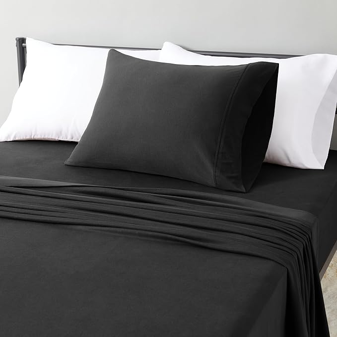 Amazon Basics 100% Cotton Jersey Bed Sheet Set, Twin, Black, Solid