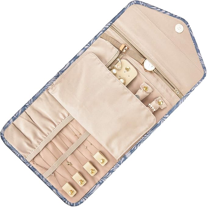BAGSMART Travel Jewellery Organiser Roll Foldable Jewelry Case for Journey-Rings, Necklaces, Bracelets, Earrings, White Leaf - Image 8