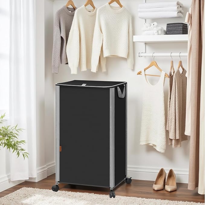 STORAGE MANIAC Rolling Laundry Hamper with Lid, 23.7 Gal (90 L) Large Tall Laundry Basket with Wheels & Handles, Aesthetic Dirty Clothes Hamper for Small Space, Dorm, Apartment, College, Black - Image 7