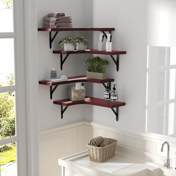 ROMGUAR CRAFT Corner Floating Shelves Wall Mounted Set of 4, Rustic Wood Storage Display Shelves for Home Decor, Bathroom, Kitchen, Bedroom, Living Room, Office (Red) - Image 6