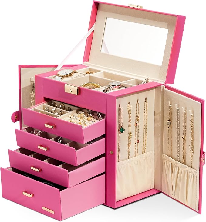 Homde Synthetic Leather Huge Jewelry Box Mirrored Watch Organizer Necklace Ring Earring Storage Lockable Gift Case (Pink + Gold) by Homde