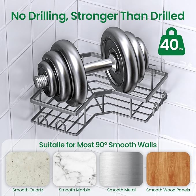 Adhesive Shower Caddy, 2 Pack Corner Bath Organizer, Rustproof Stainless Steel Shower Shelves with Large Capacity, No Drilling Shelves for Bathroom Storage, Home, Kitchen Decor (Dark Grey). - Image 3