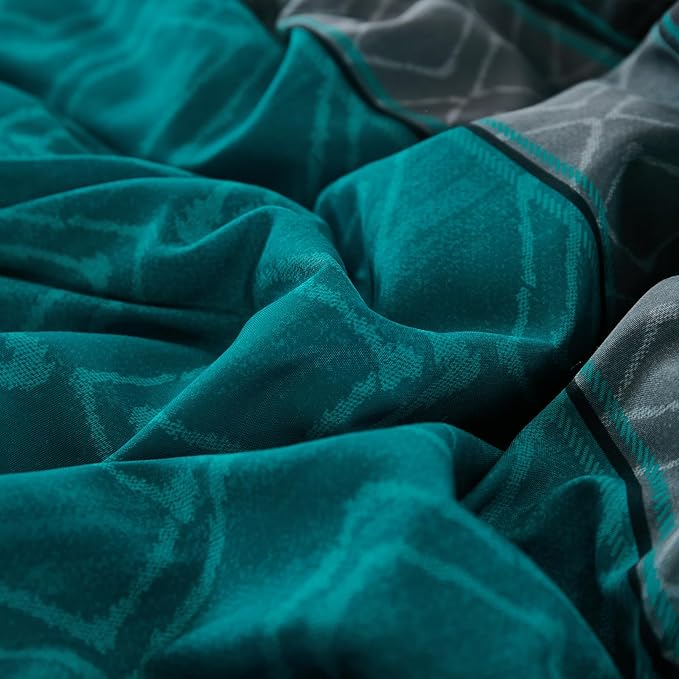 Dinjoy Boho Queen Comforter Set Teal Blue,7 Piece Bed in a Bag Queen Size Warm Striped Bedding Sets Dark Teal Plaid Fall Comforters Set with Sheets for Family All Season