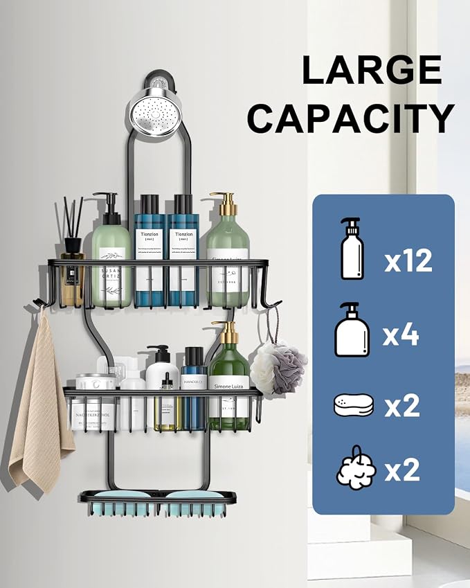 Shower Caddy Hanging - Never Rust Shower Hanging Organizer - Aluminum Over the ShowerHead Caddy with Soap Basket and 6 Hooks for Razor/Sponge (Black) - Image 7