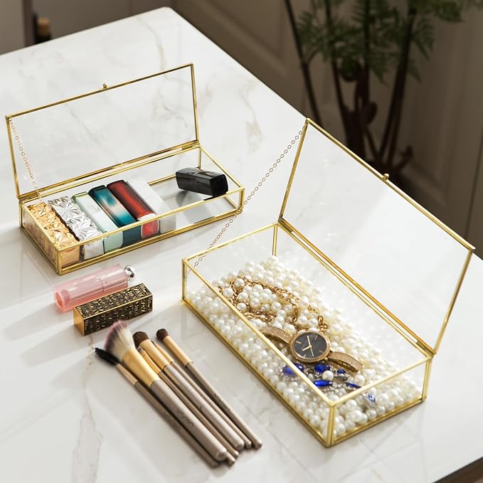 Glass Vintage Jewelry Box Set, 2pcs Rectangle Jewelry Display Lipstick Organizer Box Vanity Lidded Box Home Decor Accent Decorative Box for Storage Trinket Rings Bracelet - Image 2