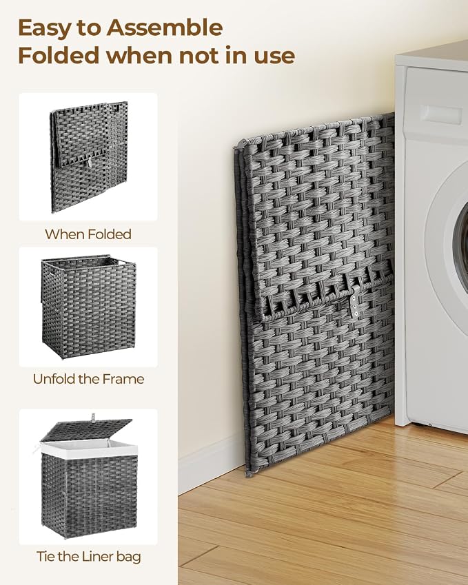Greenstell Laundry Hamper with Lid, 125L Laundry Basket with 2 Removable Liner Bags & 2 Mesh Bags, Handwoven Synthetic Rattan Clothes Hamper for Clothes, Toys in Bathroom, Bedroom, Foldable, Grey - Image 7