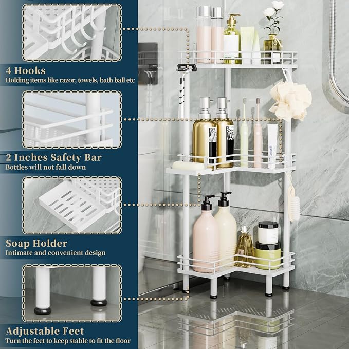 Consumest Corner Shower Caddy Standing - 3-Tier Stainless Steel Shower Organizer with Soap Holder and 4 Hooks, Large Capacity Corner Shelf Stand for Bathroom, Rest Room, White - Image 3