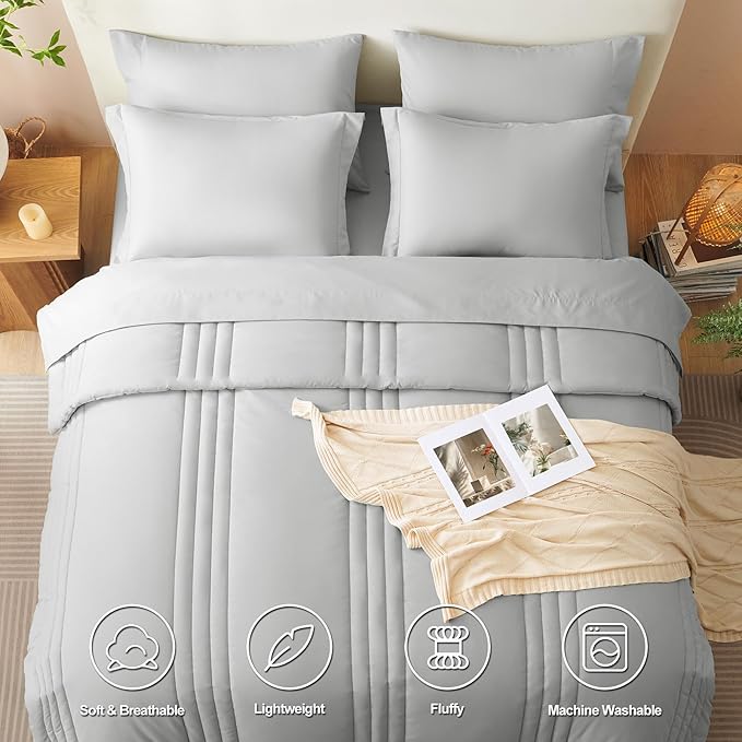 CozyLux King Comforter Set - 7 Pieces Bed in a Bag Light Grey Comforter Set with Sheets Luxury Bed Set All Seasons, Soft Bedding Set with Down Alternative Comforter, Sheets, Pillowcases & Shams
