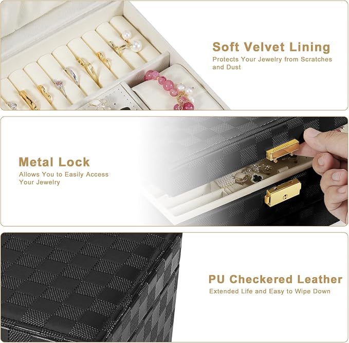 GUOER Jewelry Box for Women Girl Wife - Large PU Leather Jewelry Organizer Storage Case with Two Layers Display for Earrings Bracelets Rings Watches (Checkered Black) - Image 3