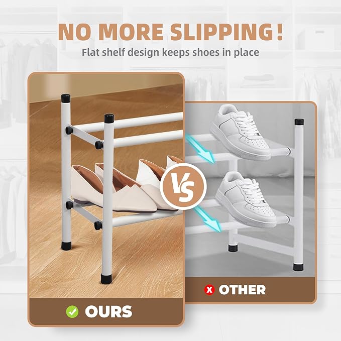 STORAGE MANIAC Expandable Shoe Rack, 8 Pairs Stackable Small Shoe Rack, Metal Adjustable Shoes Organizer for Closet, Entryway, Hallway, Garage, Front Door, Shoes Shelves, White 2 Tier - Image 4