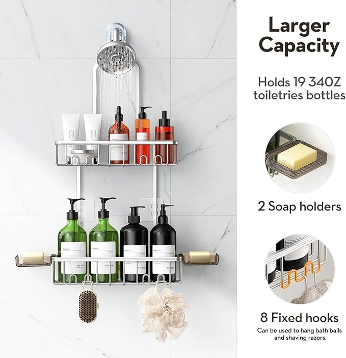 Shower Caddy Hanging, Shower Organizer Hanging, Aluminum Shower Racks for Inside Shower with Hooks for Razor, Never Rust Bathroom Organizers and Storage with Soap Holder, Bright Silver - Image 4