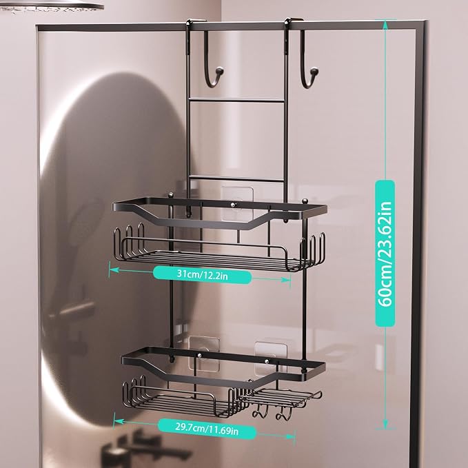 HapiRm Hanging Shower Caddy Over the Door with Soap Holder, No Drilling Adhesive Shower Organizer with 11 Hooks, Rustproof & Waterproof 304 Stainless Steel Bathroom Shelves - Black - Image 5