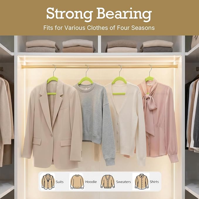 HOUSE DAY Vibrant Green Velvet Hangers 60 Pack, Non Slip Clothes Felt Hanger Heavy Duty for Coat, Premium Slim Space Saving Suit Hangers for Closet Organizer, 360° Rotating Silver Hook - Image 8