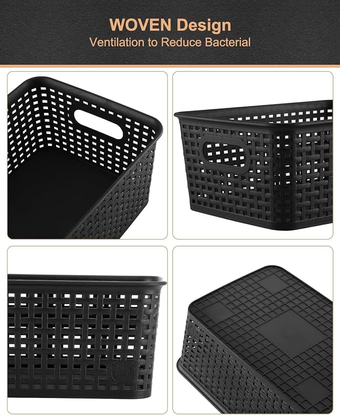 Storage Bins Plastic Storage Baskets With Lid Small Baskets for Organizing Stackable Storage Container Organizer Bins for Shelves Drawers Desktop Playroom Classroom Office, 6 Pack,Black - Image 3