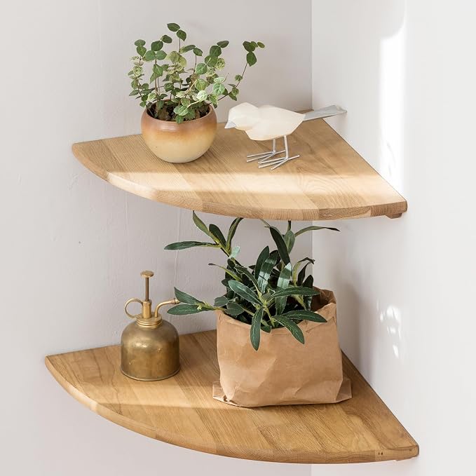 Corner Shelves, Floating Corner Shelf, Set of 2 12inch Solid Oak Wood Wall Shelves, Round End Wall Mount Display Shelf with Wire Hole for Bedroom Kitchen, Living Room by Coamily