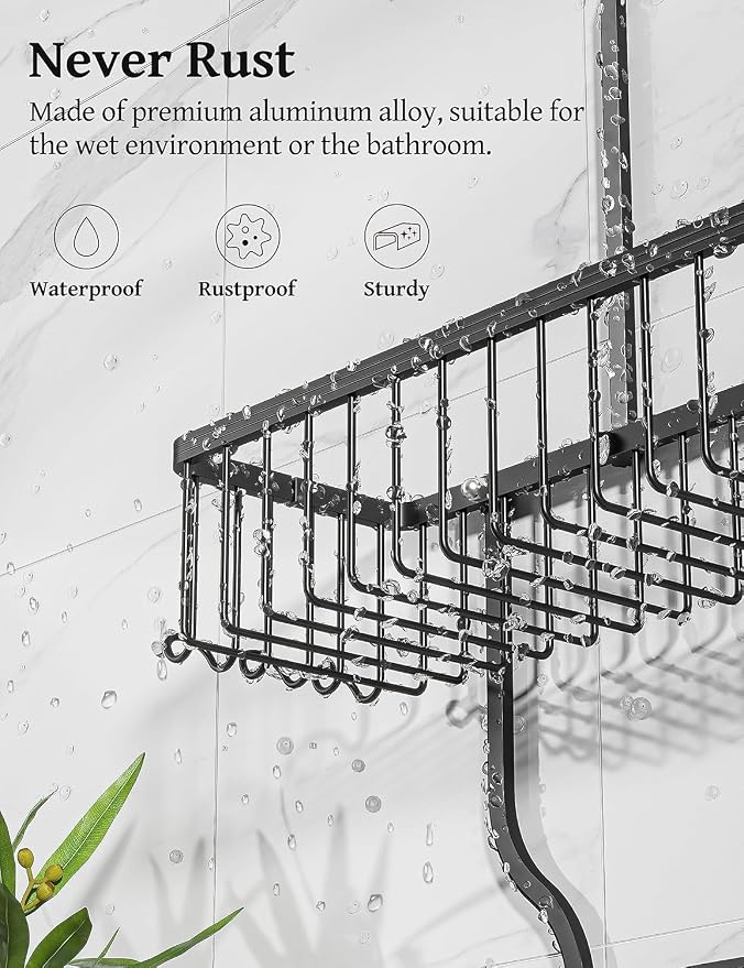 YASONIC Never-Rust Aluminum Hanging Shower Caddy – Over-the-Showerhead Organizer with 10 Hooks for Razor and Sponge – Includes Soap Basket – Black - Image 3