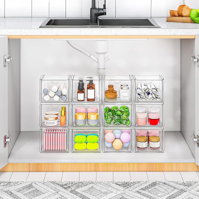 caktraie 6 Pack Small Stackable Stroage Drawers, Acrylic Bathroom Makeup Organizer, Plastic Storage Bins For Vanity, Undersink, Kitchen Cabinets, Pantry, Home Organization - Image 7