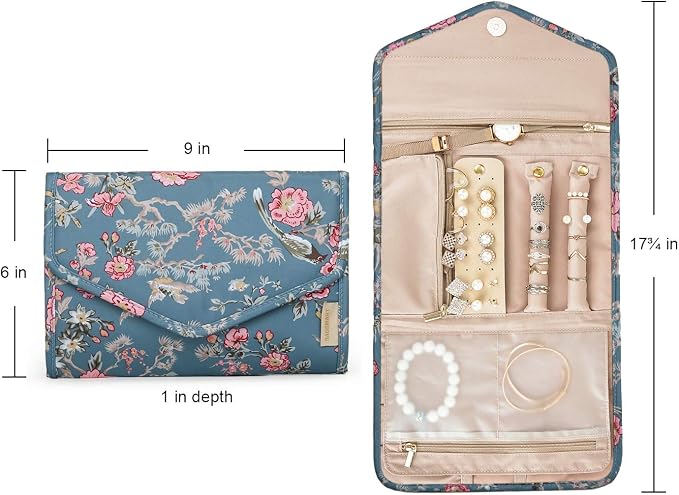 BAGSMART Travel Jewellery Organiser Roll Foldable Jewelry Case for Journey-Rings, Necklaces, Bracelets, Earrings, Flower Bird - Image 6