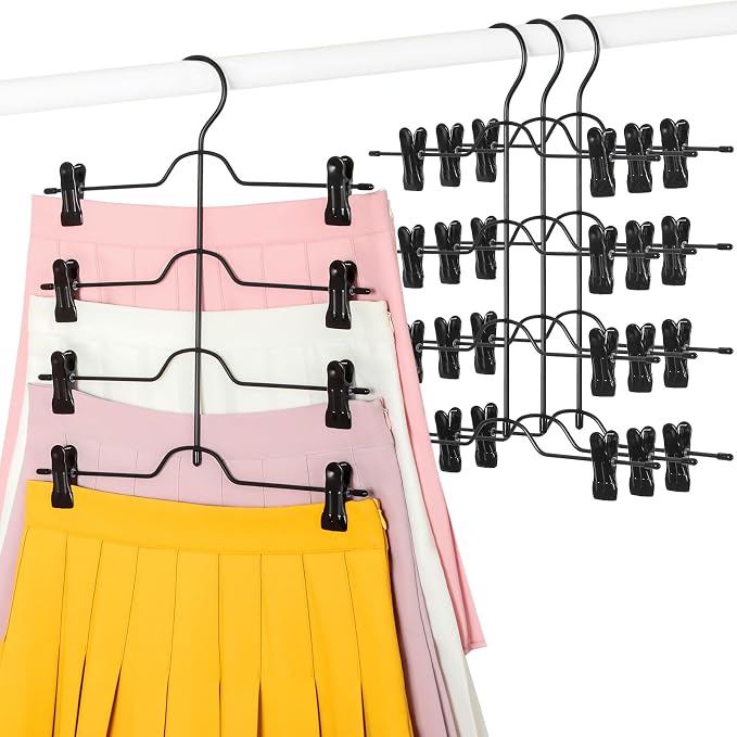 TOPIA HANGER 4 Tier Black Skirt Hangers for Women, Pants Hanger Space Saving with Adjustable Clips, Save 80% More Space, Clip Hanger for Slacks, Trousers, Shorts, Jeans, Towels, 4-Pack, CT75B by TOPIAHANGER