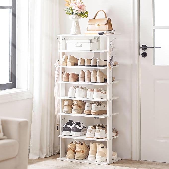 HOOBRO Vertical Shoe Rack, 8 Tier Wooden Shoe Storage Organizer with Hooks, Narrow Shoe Tower for 16 Pairs, Space Saving, for Entryway, Living Room, Bedroom, White WT750XJ01 - Image 2
