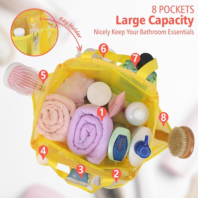 F-color Mesh Shower Caddy Portable, Upgrade Deeper 7 Pockets Shower Bag Basket Tote for College Dorm Room Toiletry Bathroom Essentials Gym Camp Quick Dry 2 handles with S Hook, Yellow - Image 2