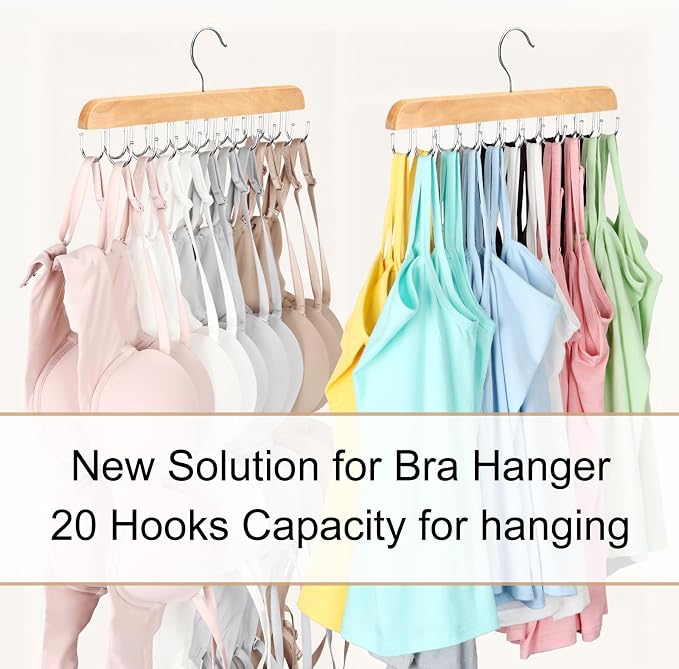 Bra Hanger for Closet, Tank Top Organizer 20 Hooks Capacity Foldable Wood Space Saving Hanger Closet Organizers and Storage for Dorm & Apartment for Tank Top, Hats etc.-2 Pack - Image 2