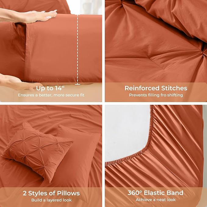 Sasttie Queen Comforter Set, 7-Piece Bed in a Bag, Pintuck Bedding Sets for All Season, Includes Comforter, Flat Sheet, Fitted Sheet, Pillowcases and Pillowshams, Burnt Orange